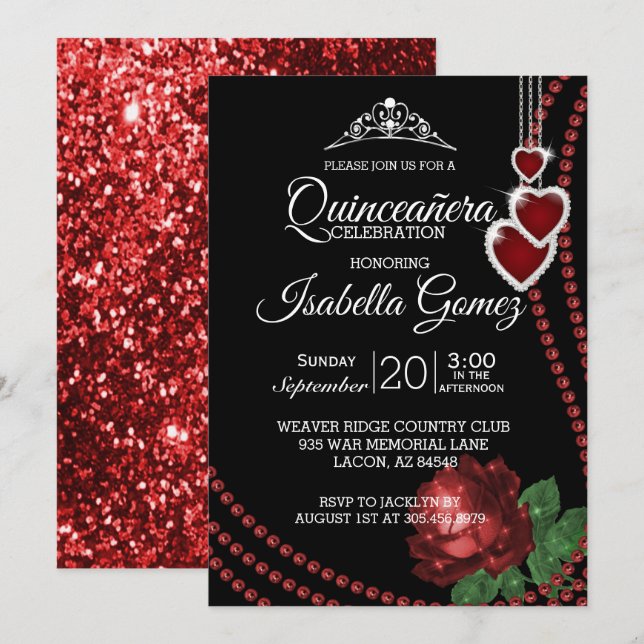 Invitation Célébration de Quinceañera de la Rose Rouge (Devant / Derrière)