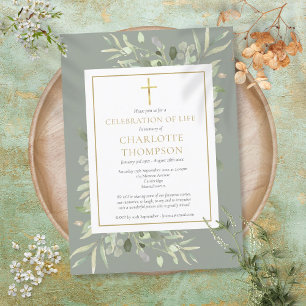 Invitation Célébration de vie chrétienne verte or sage