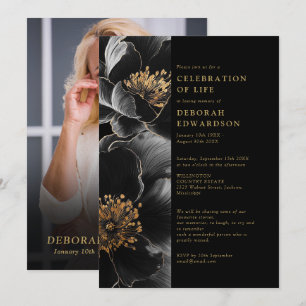 Invitation Célébration De Vie Florale Élégante Noire Et Dorée