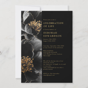 Invitation Célébration De Vie Florale Élégante Noire Et Dorée