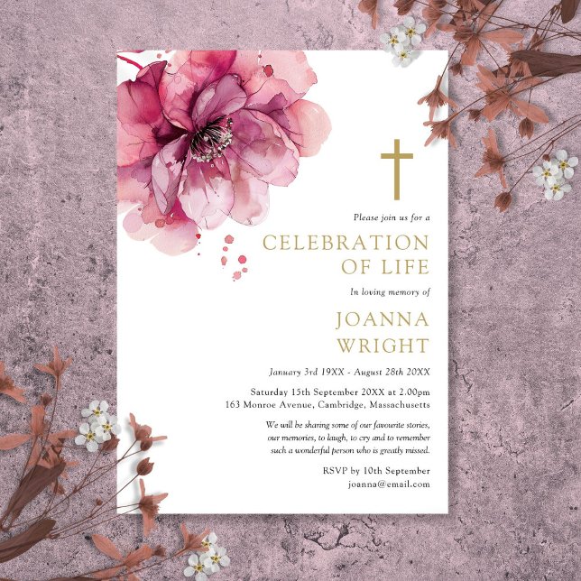 Invitation Célébration de vie funéraire chrétienne aux fleurs (Pink Floral Christian Celebration Of Life Funeral Invitation)