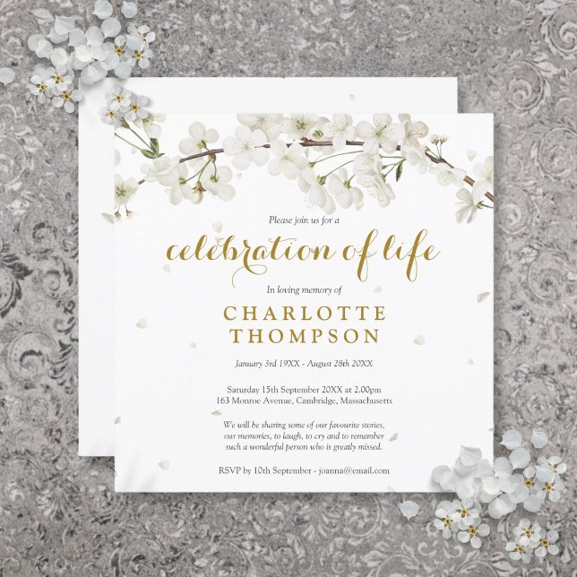 Invitation Célébration de vie funéraire florale Fleur de Blan (White Blossom Floral Funeral Celebration of Life Invitation)