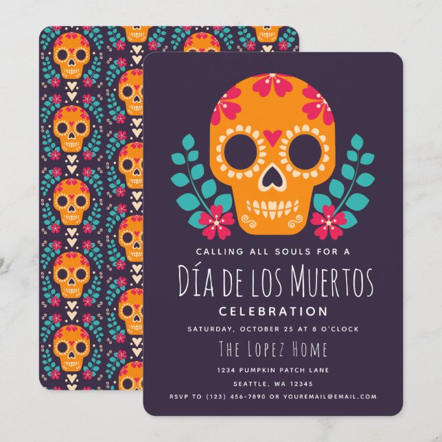 Invitation Célébration des Crânes en Sucre Día de los Muertos (Devant / Derrière)