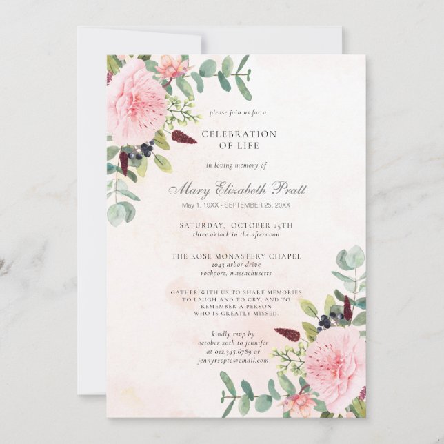 Invitation Célébration des funérailles de la pivoine rose Euc (Devant)