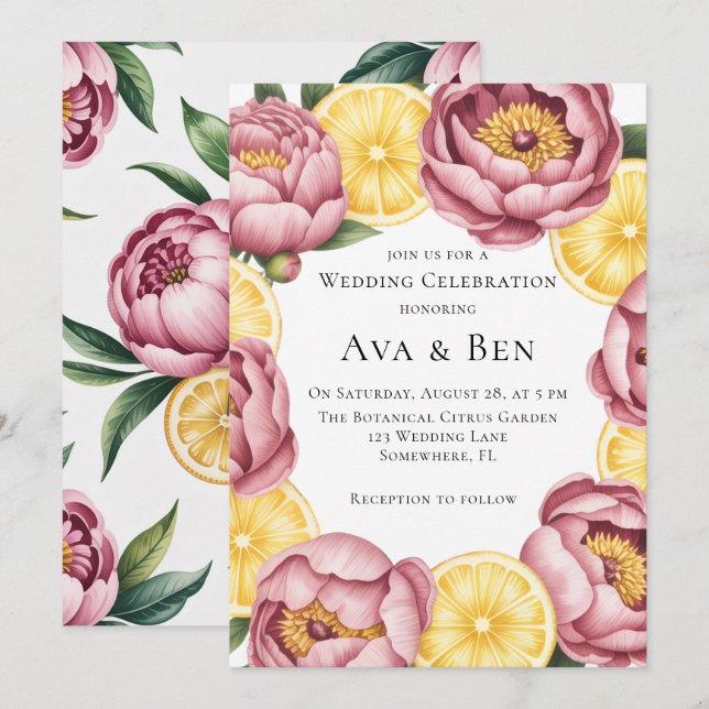 Invitation Célébration des pivoines roses et citron Mariage (Devant / Derrière)