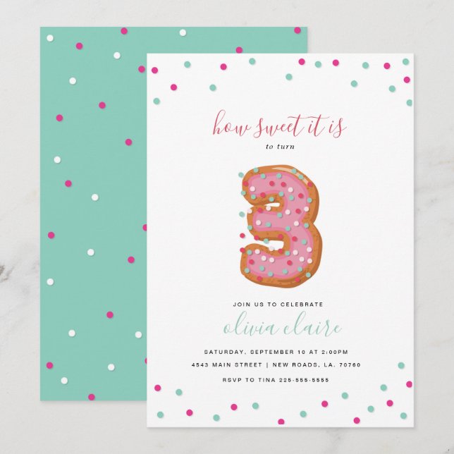 Invitation Célébration douce | trois d'anniversaire (Devant / Derrière)
