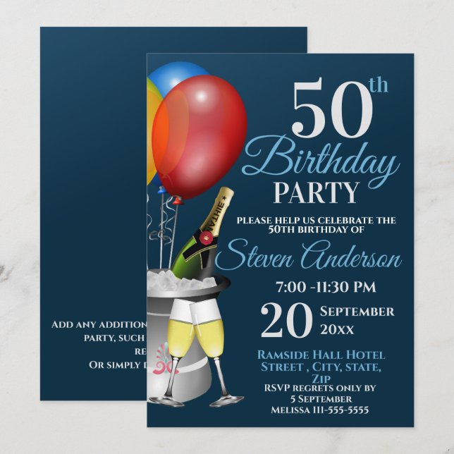 Invitation Célébration du 50e anniversaire Fête du vin mousse (Devant / Derrière)
