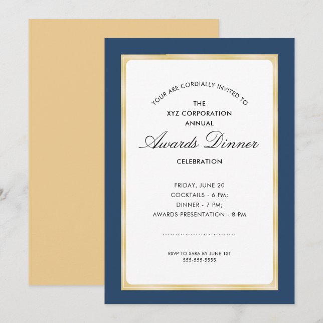 Invitation Célébration du dîner | Marine bleu et or (Devant / Derrière)