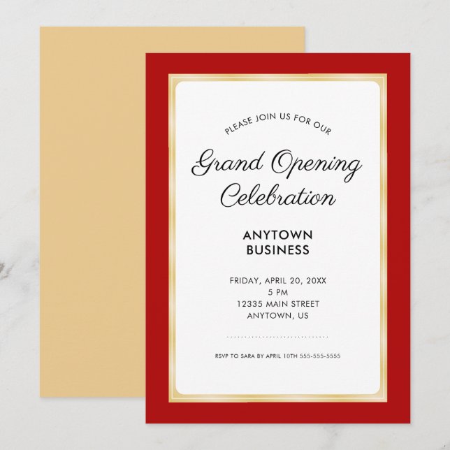 Invitation Célébration du Grand Ouverture | Rouge et or (Devant / Derrière)