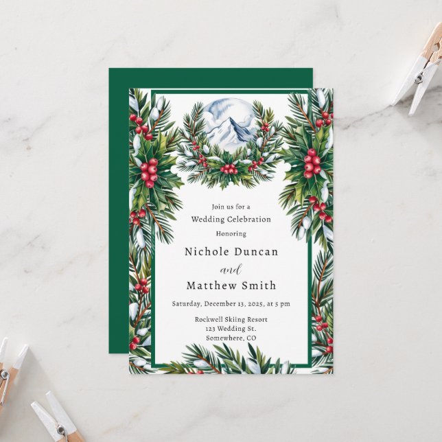 Invitation Célébration du Mariage de la couronne de pin neige (Devant/Arrière en situation)