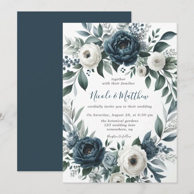 Invitation Célébration du Mariage floral d'ivoire bleu marine (Devant / Derrière)