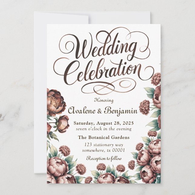 Invitation Célébration du Mariage Mocha Brown Peony (Devant)