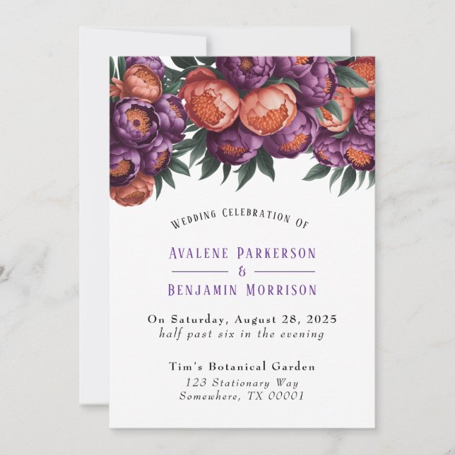 Invitation Célébration du Mariage Plum and Orange Paint Peony (Devant)
