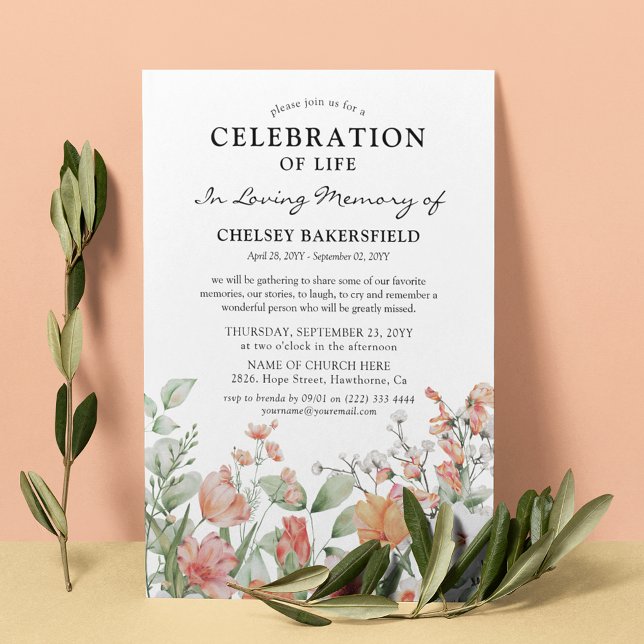 Invitation Célébration du Mémorial Floral Rose & Peach Life (Créateur téléchargé)