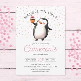 Invitation Célébration du pingouin de Cupcake rose, anniversa
