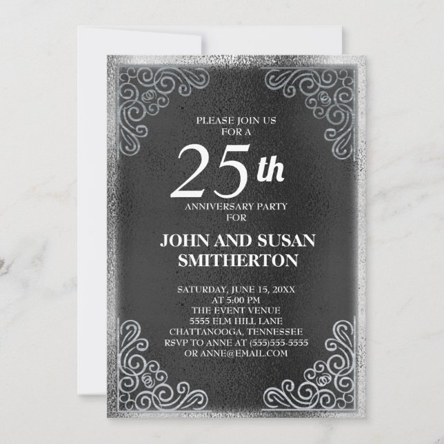 Invitation Célébration élégante de 25 ans de mariage noir et  (Devant)