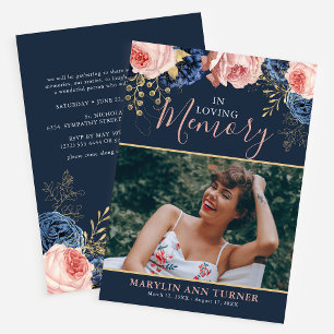Invitation Célébration Élégante de la Vie Fleurs Photo Funéra