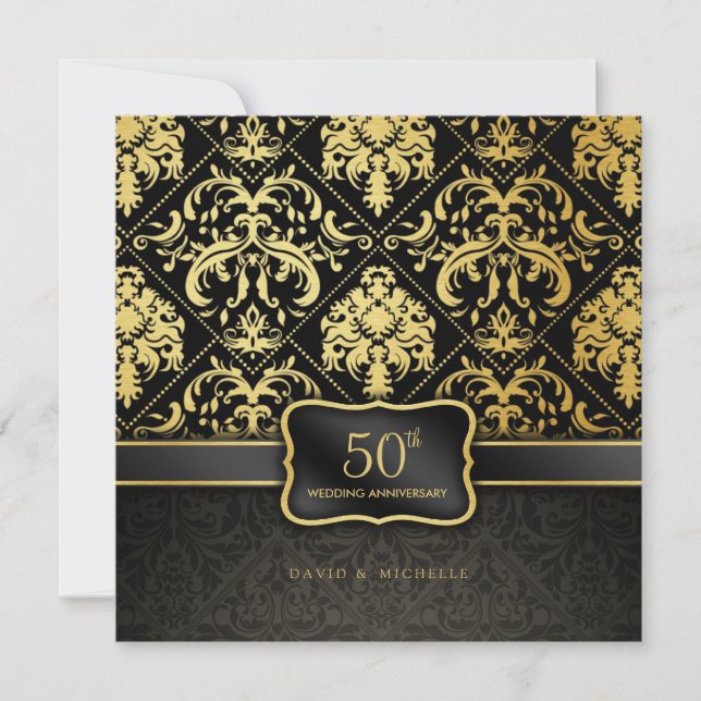 Invitation Célébration élégante noire et or de 50 ans de mari (Devant)