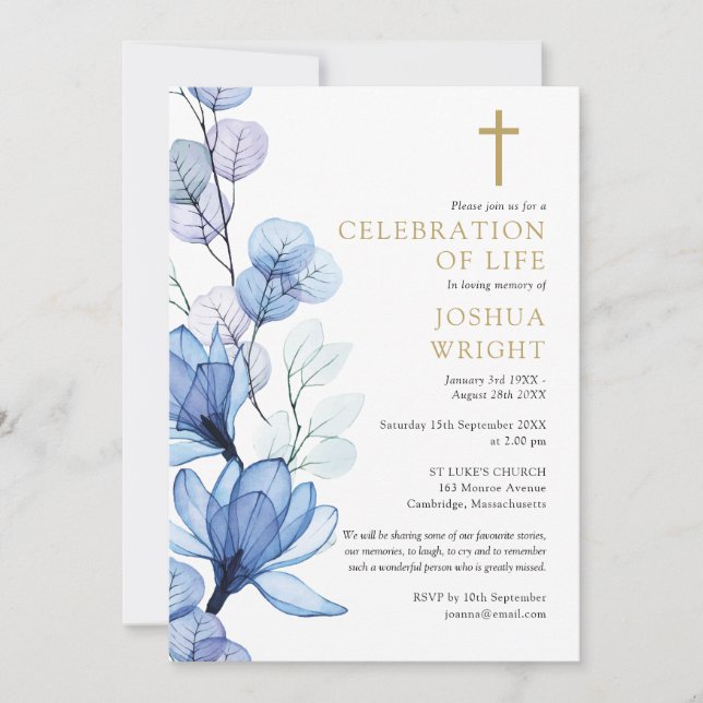 Invitation Célébration Funéraire Chrétienne Fleurie Bleue De  (Devant)