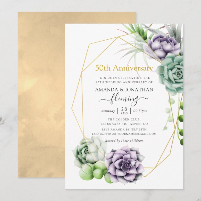 Invitation Célébration géométrique succulente du 50e annivers (Devant / Derrière)
