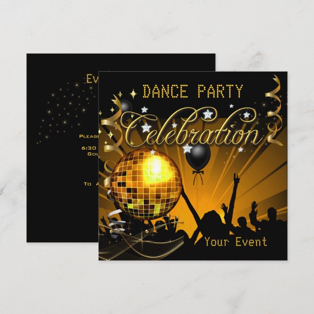 Invitation Célébration Gold Dance Party Disco Ball Event (Devant / Derrière)