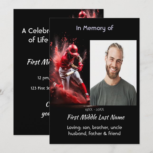 Invitation Celebration Life Service Baseball Softball Player (Devant / Derrière)