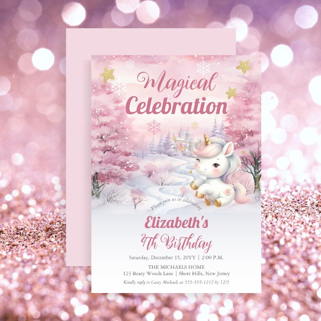Invitation Célébration magique Unicorn 4e fête d'anniversaire (Unicorn Pink Magical Celebration Mythical Creature Girl's 4th Birthday Party Invitation)