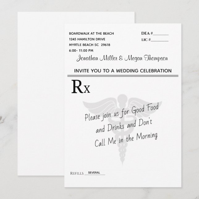 Invitation Célébration Médicale du Mariage du carnet d'ordonn (Devant / Derrière)