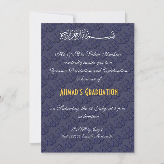 Invitation Célébration musulmane d'Allah bleu et or (Devant)