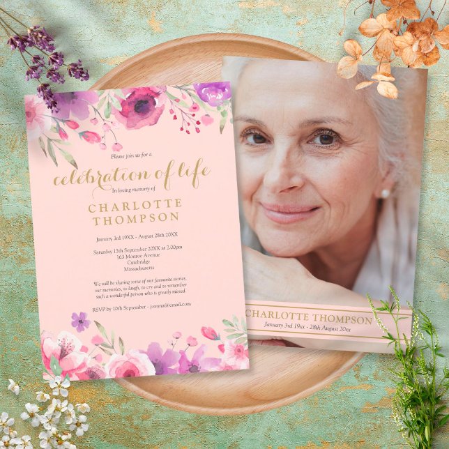 Invitation Celebration of Life Blush Pink Gold Floral Photo  (Créateur téléchargé)