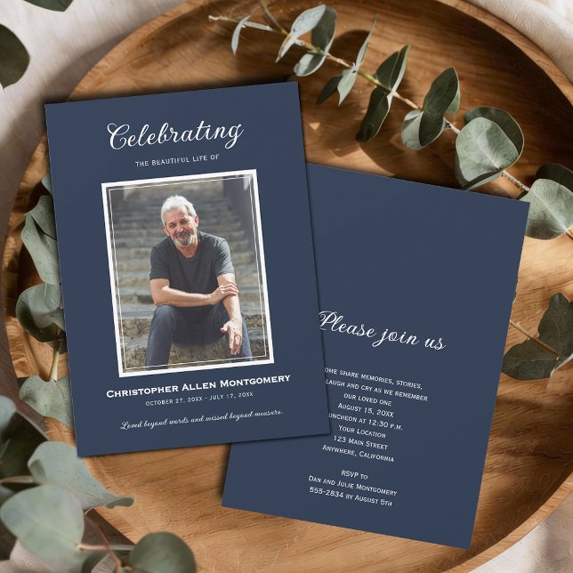 Invitation Celebration of Life Funeral Memorial (Celebration of Life photo funeral memorial navy blue invitations, PRINTED and/or INSTANT DOWNLOAD)