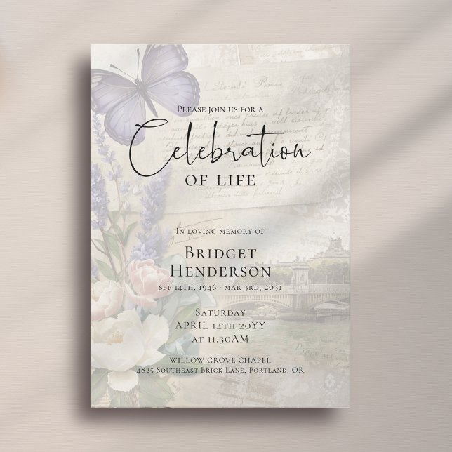 Invitation Celebration of Life Purple Butterfly Peony Funeral (Créateur téléchargé)