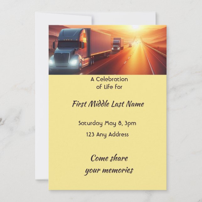 Invitation Celebration of Life  Semi-Truck Tractor-trailer  (Devant)