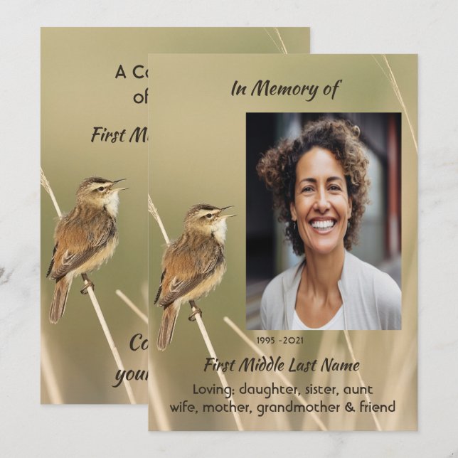 Invitation Celebration of Life Service  Bird Garden Nature  (Devant / Derrière)