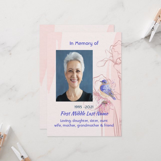 Invitation Celebration of Life Service Bluebird Garden (Devant/Arrière en situation)