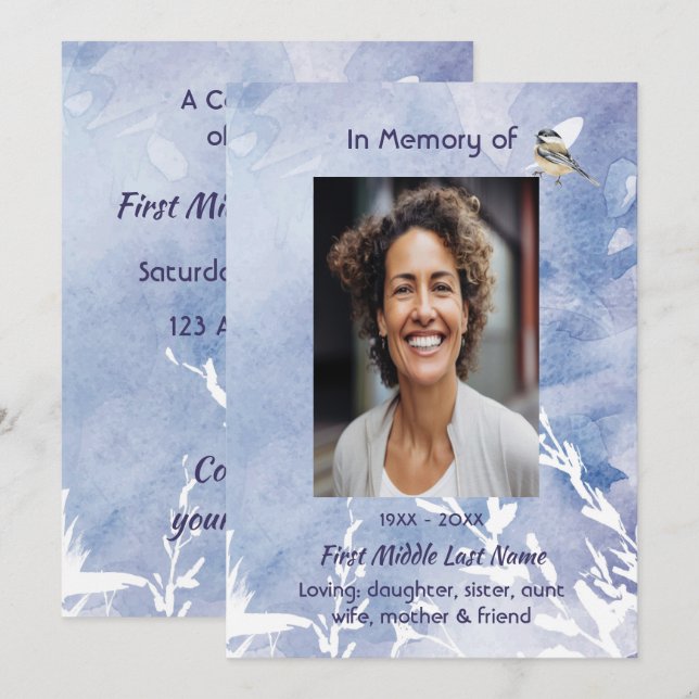 Invitation Celebration of Life Service Chickadee Bird Winter  (Devant / Derrière)