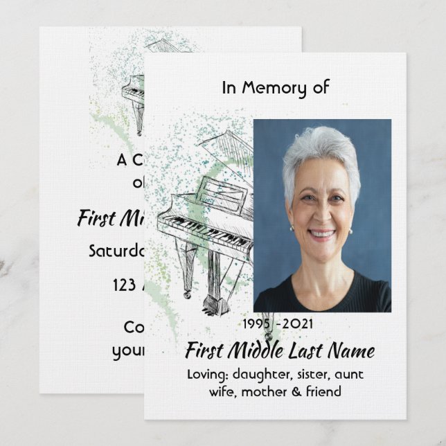 Invitation Celebration of Life Service Invite Piano Musician (Devant / Derrière)