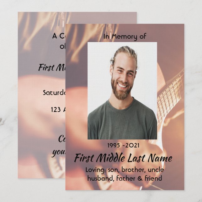 Invitation Celebration of Life Service  Musician Piano Guitar (Devant / Derrière)