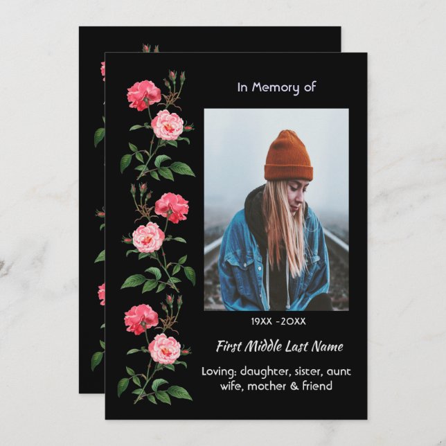 Invitation Celebration of Life Service  Roses Garden Flowers (Devant / Derrière)