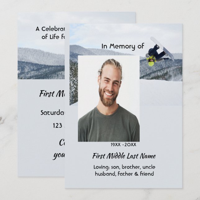 Invitation Celebration of Life Service  Snowboarding Winter (Devant / Derrière)
