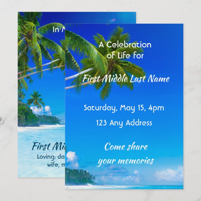 Invitation Celebration of Life Service Tropical Beach Exotic (Devant / Derrière)