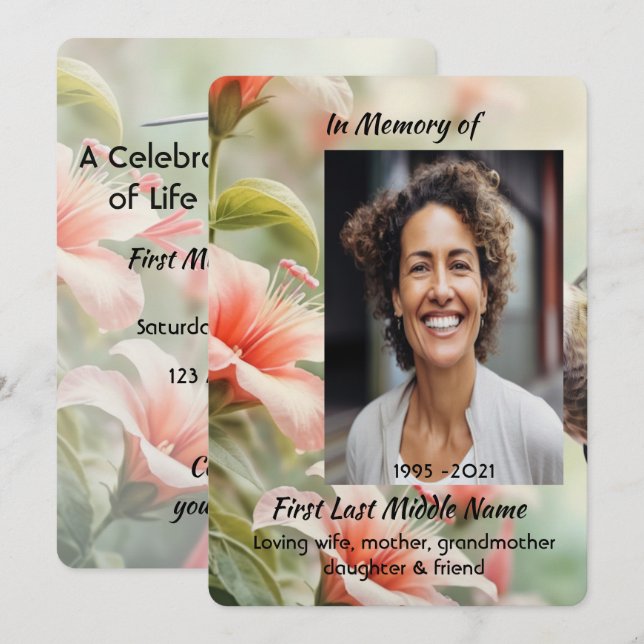 Invitation Celebration of Life Tropical Flower Hummingbird (Devant / Derrière)