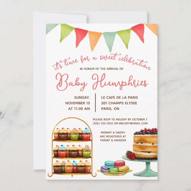 Invitation Célébration sucrée, Gâteau, Baby shower Macaron (Devant)