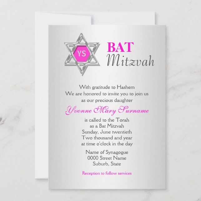Invitation Célébrations des bat mitzvah en argent rose (Devant)