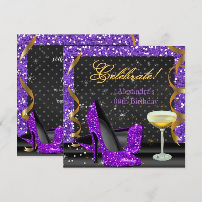 Invitation Célébrer la Parties scintillant Noire violet d'or  (Devant / Derrière)