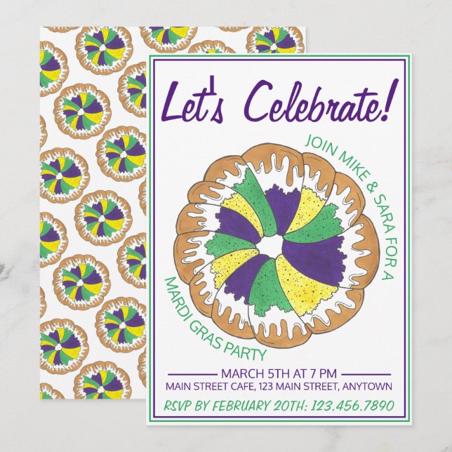 Invitation Célébrer Mardi Gras Carnival Party King Cake (Devant / Derrière)