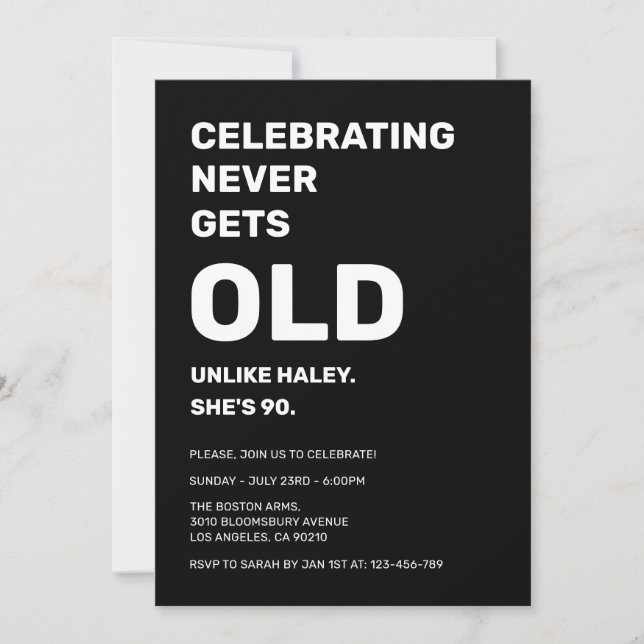 Invitation Célébrer ne devient jamais vieux drôle 90e anniver (Devant)