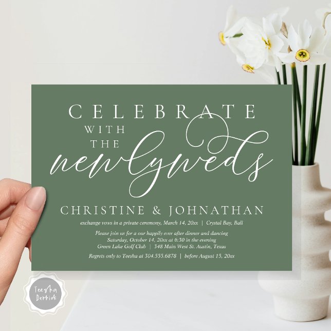 Invitation Célébrez avec les jeunes mariés, dîner Mariage (Celebrate with the newlyweds, Wedding Dinner Invitation Card, PDF, Modern Romantic in Forest Sage )
