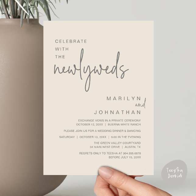 Invitation Célébrez Avec Les Nouveaux Mariés, Dîner Mariage (Celebrate With The Newlyweds, Modern Clean Wedding Dinner Party Invitation Card PDF Cream Grey)