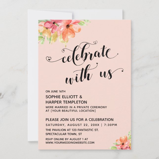 Invitation Célébrez avec nous Coeurs Script Florals Blush Ros (Devant)